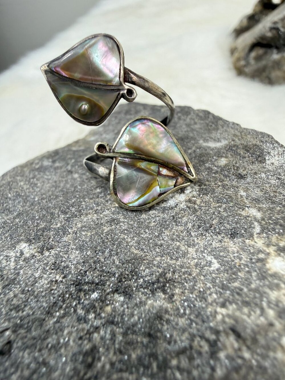 Vintage Taxco Mexico Sterling Silver Abalone Leaf Duo Bypass Ring Adjustable 6